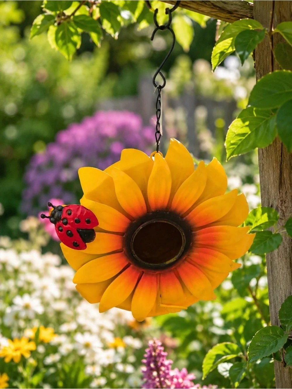 🩷. Sunflower Hanging Bird Feeder with Ladybug Accent